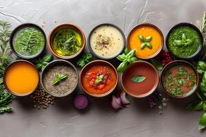 Assorted Fresh Soups with Herbs and Spices - Perfect for Culinary Design and Menus photo
