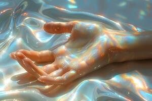 Ethereal Hand on Iridescent Surface - Conceptual Elegance for Modern Design Projects photo