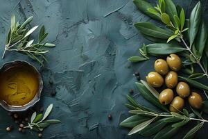 Fresh Olive Branches and Olive Oil on Textured Green Background for Mediterranean Cuisine Design photo