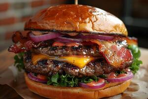Gourmet Double Cheeseburger with Bacon and Fresh Vegetables for Culinary Inspiration photo