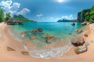 Tranquil Tropical Beach with Crystal Clear Waters and Lush Greenery photo