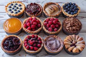 Assorted Gourmet Tarts with Fresh Berries and Chocolate on Rustic Table photo