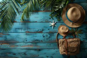 Tropical Summer Vibes Straw Hats and Bag on Rustic Blue Wooden Background photo