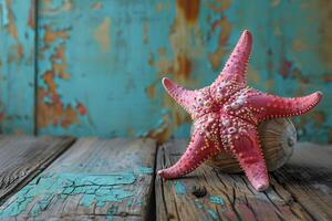 Starfish on Weathered Wood with Rustic Background for Coastal Decor and Design photo