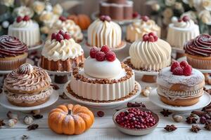 Elegant Dessert Table Display with Creamy Cakes and Seasonal Decorations for Autumn Celebrations photo