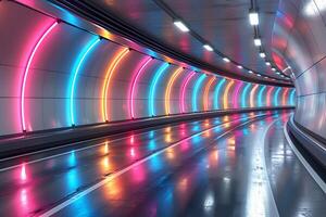 Futuristic Neon Tunnel with Vibrant Light Reflections for Modern Design Concepts photo