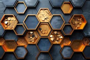 Geometric Hexagon Pattern with Gold and Textured Surfaces - Modern Abstract Art Design for Wall Decor photo