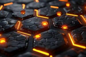 Futuristic Hexagonal Circuit Pattern with Glowing Orange Light for Technology Design photo