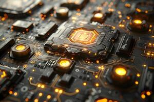 Futuristic Technology Circuit Board with Glowing Orange Highlights for Electronics Design photo