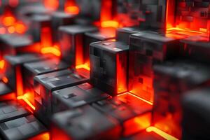 Futuristic Abstract Geometric Background with Glowing Red and Black Cubes photo