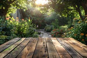 Lush Garden Pathway with Wooden Table for Outdoor Relaxation or Design Projects photo