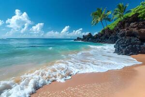 Tropical Paradise Beach Scene with Palm Trees and Pristine Waters photo