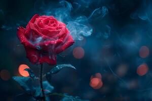 Enchanting Red Rose with Dew and Smoke Effect for Romantic and Mystical Design photo