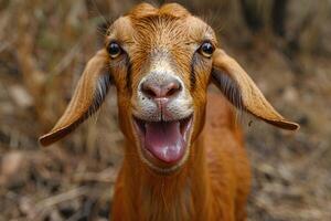 Playful Goat with Expressive Eyes in Rustic Farm Setting photo