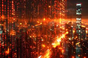 Futuristic Digital Cityscape with Abstract Binary Code and Illuminated Skyline photo
