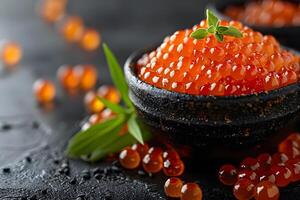 Gourmet Presentation of Fresh Salmon Caviar with Basil on Stoneware for Culinary Design photo