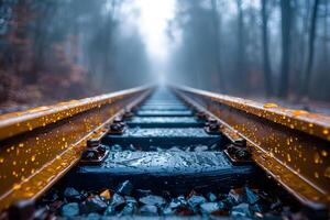 Misty Railroad Tracks Foggy Autumn Journey on Wet Metal Rails photo