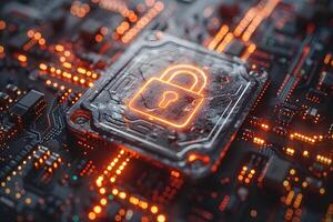 Cybersecurity Concept Digital Encryption on Circuit Board for Data Protection photo