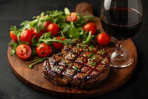 Grilled Steak with Fresh Arugula and Tomatoes Paired with Red Wine for Elegant Dining photo