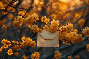 Golden Spring Blossoms with Envelope Symbolizing New Beginnings photo