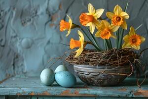 Springtime Daffodils and Speckled Eggs in Rustic Setting for Easter Decor photo