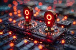 Futuristic Circuit Board with Glowing Location Pins for Technology and Innovation Design photo