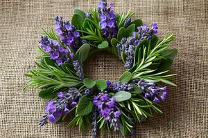 Lavender and Herb Wreath on Burlap Background for Rustic Decor or Botanical Design photo