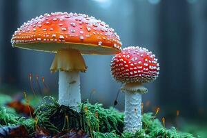 Majestic Fly Agaric Mushrooms in Mystical Forest Setting for Nature Photography and Art photo