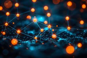 Digital Network Web with Glowing Orange Nodes and Blue Connections for Technology Visualization photo