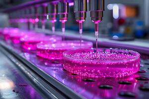 Biotechnology Lab Automated Liquid Handling System with Vibrant Pink Solutions in Petri Dishes photo