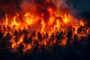 Dramatic Wildfire in Dense Forest Under Dark Sky - Environmental Impact photo
