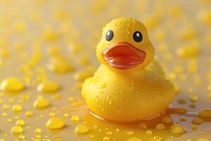 Bright Yellow Rubber Duck with Water Droplets for Bath Time Fun and Childhood Nostalgia photo