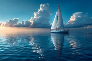 Serene Sunset Sailing on Calm Ocean Waters Amidst Dramatic Clouds photo