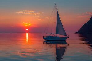 Serene Sunset Sailing on Calm Waters by a Cliffside photo