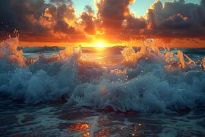 Dramatic Ocean Waves at Sunset Perfect for Travel and Nature Prints photo