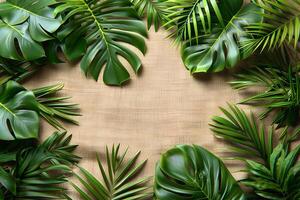 Tropical Greenery Frame with Lush Leaves on Natural Burlap Background for Design Projects photo