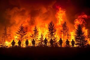 Brave Firefighters Battling Intense Wildfire in Forest photo