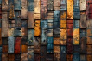 Rustic Wooden Wall Texture with Colorful Painted Planks - Perfect for Design and Backgrounds photo