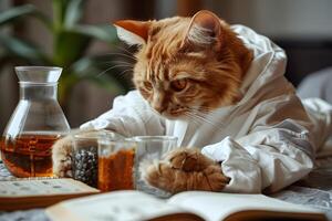 Cozy Feline Scientist in White Coat with Chemistry Set and Books photo