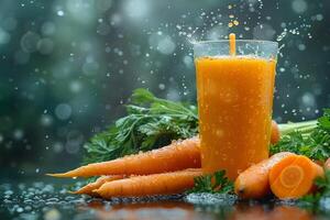Fresh Carrot Juice Splash with Carrots and Herbs on a Reflective Surface photo