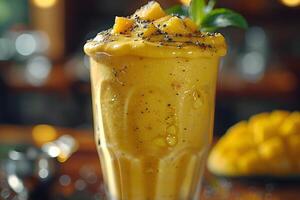 Tropical Mango Smoothie with Chia Seeds and Mint Garnish in Glass photo