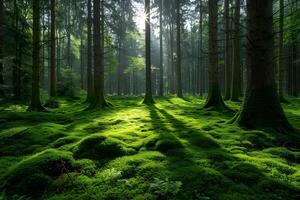 Serene Forest Landscape with Sunlight Filtering Through Trees for Nature-Themed Designs photo