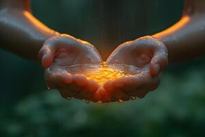 Warm Light in Cupped Hands at Dusk - Peaceful Serenity and Nature's Glow photo