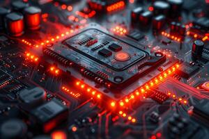 Futuristic Circuit Board with Glowing Red Lights and Microchip Technology photo