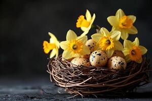 Spring Easter Nest with Daffodils and Speckled Eggs - Natural Decoration Design photo