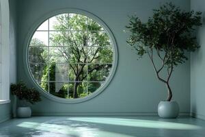 Tranquil Indoor Garden with Large Round Window Overlooking Lush Greenery photo