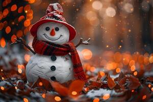 Festive Snowman with Red Hat and Scarf in Winter Wonderland photo