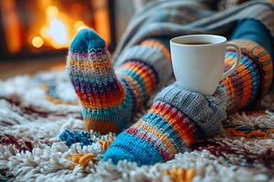 Cozy Winter Scene with Colorful Knit Socks and Warm Drink by the Fireplace photo