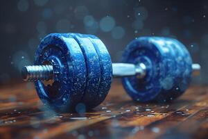 Blue Dumbbell on Wet Wooden Floor with Water Droplets and Bokeh Effects photo