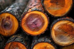Close-Up of Rustic Pine Logs with Detailed Ring Patterns for Natural Decor and Lumber Concepts photo